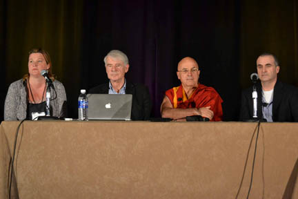 Panelists Tania Singer, Wolf Singer, Matthieu Ricard, and Evan Thompson discuss the brain and consciousness at ISCS.