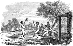 This image of happy slaves enjoying themselves is the frontispiece
in <em>Aunt Phillis’s Cabin; or Southern Life As It Is</em> (1852), an upbeat plantation
novel written to counter Harriet Beecher Stowe’s <em>Uncle Tom’s Cabin</em> (1852). Its author, Mary Eastman, rejected Stowe’s critique of slavery and instead sought to capture “the essential happiness of slaves in the South as compared to the
inevitable sufferings of free blacks and the working classes in the North.”