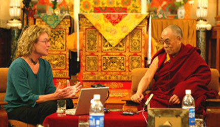 The Dalai Lama talks with neuroscientist Helen Neville at his residence in Dharamsala, India, as part of the 12th Mind & Life conference.