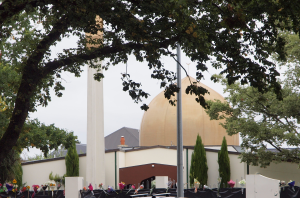 Flowers adorn the fence outside the Al Noor mosque in Christchurch, New Zealand, after the March 2019 shooting.