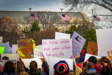 Protestors holding signs about public schools, with American flags in the background