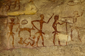 Rock art in Nakhon Ratchasima, Thailand, depicts a collaborative hunting scene.