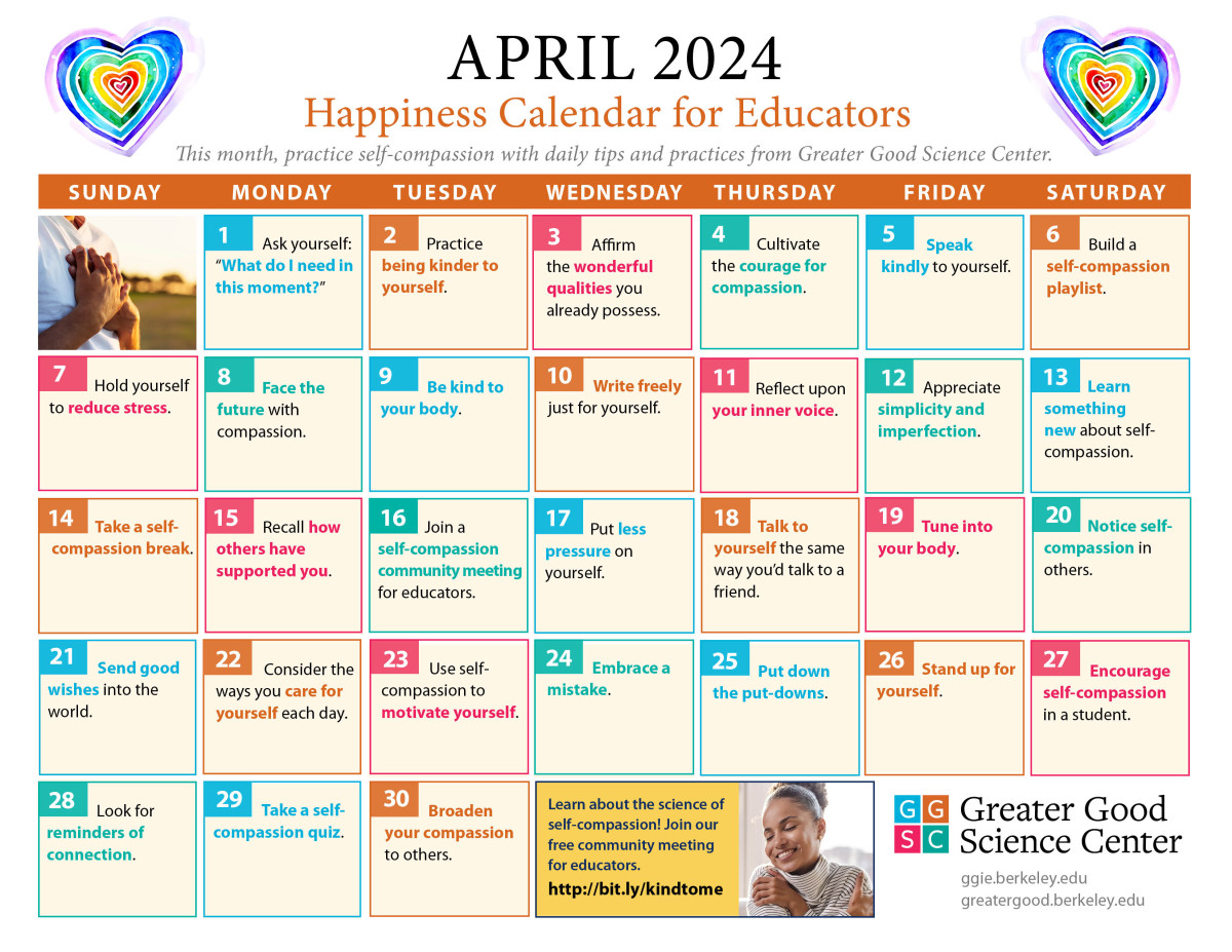 Happiness Calendar for Educators for April 2024