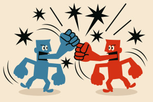 Illustration of red and blue characters fighting each other with tongues as fists
