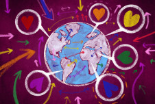 Illustration of the world with hearts and arrows representing love and kindness