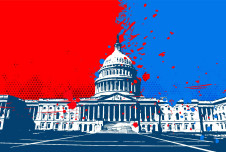 An artistic rendering of the U.S. Capitol with a red background on one side and blue on the other
