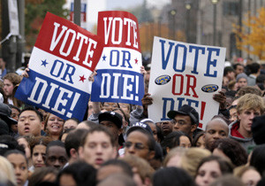 Several thousand people attend a “Vote or Die” rally in Detroit shortly before the 2004 presidential election. The “Vote or Die” campaign, founded by Sean “Puffy” Combs, is credited with helping to create record levels of voter turnout among African-American youth in that election.