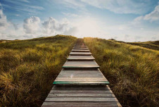 Wooden stairs going up with grass on each side and clouds/sunlight at the top