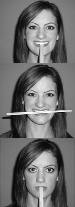 From top: Examples of the fake smile, genuine smile, and neutral expression participants had to imitate in the study (with help from chopsticks).