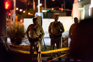 Police guard the location of the Route 91 Harvest Festival in Las Vegas where a mass shooting took place in October 2017.