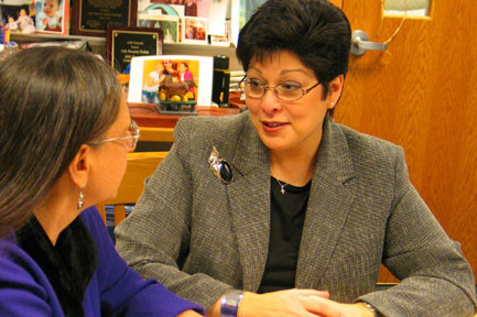 Linda Lantieri (left), the founder of Project Renewal, with high school principal Ada Rosario Dolch.