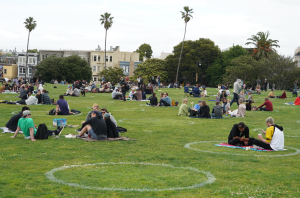 Social distancing circles at Mission Dolores Park in San Francisco.