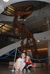 The author’s daughters in front of the T. rex replica on the UC Berkeley campus.