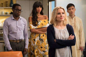 Chidi, Tahani, Eleanor, and Jason in “The Good Place.”