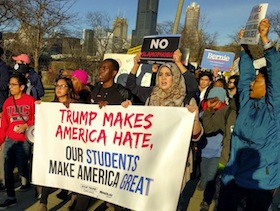 Students protest GOP presidential candidate Donald Trump’s rally at the University of Illinois in Chicago,  March of 2016.