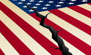 A fractured American flag with a seismic rift down the middle- showing the nation coming apart.