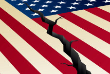 A fractured American flag with a seismic rift down the middle- showing the nation coming apart.