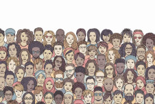 Graphic illustration of a racially diverse crowd of people.