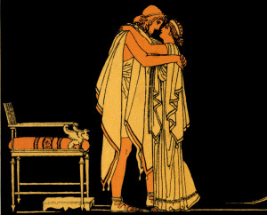 An illustration of the reunion between Ulysses and Penelope, from <em>Stories From Homer</em>.