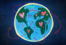 Chalk-drawn image of the globe with hearts on the continents and arrows showing the love moving around