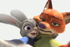 Animated characters Judy Hopps and Nick Wilde from “Zootopia” taking a selfie together