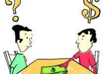 Illustration of two people with dollar signs over the heads facing each other over a table, with dollar bill in the center of it.