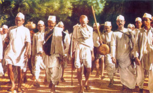 On March 12, 1930, Mahatma Gandhi (center) led the Salt March to protest the British salt monopoly in India.