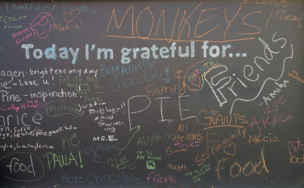 Gratitude Wall at Sonoma Charter School—made from recycled items by school parents Kate & Bob Molesworth and chalkboard paint donated by the local paint store