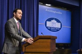 New York Mets second baseman Daniel Murphy speaks during a June 9 event on working fathers at the White House.