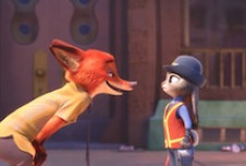 Scene from "Zootopia" showing Nick Wilde, the fox, talking to Judy Hopps, the rabbit. Nick is leaning forward with a sly expression, while Judy, dressed in a police uniform, listens attentively