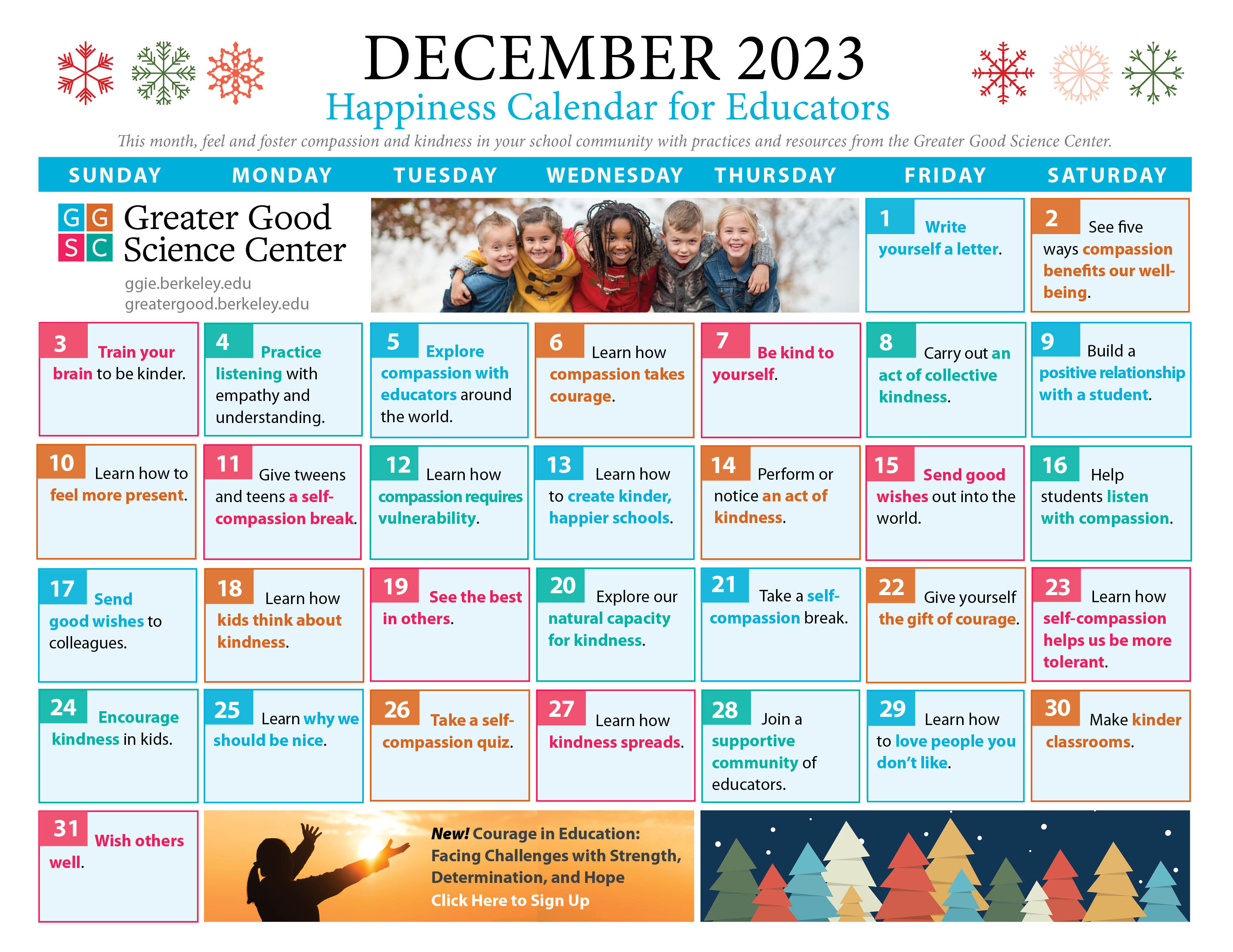 December 2023 happiness calendar for educators