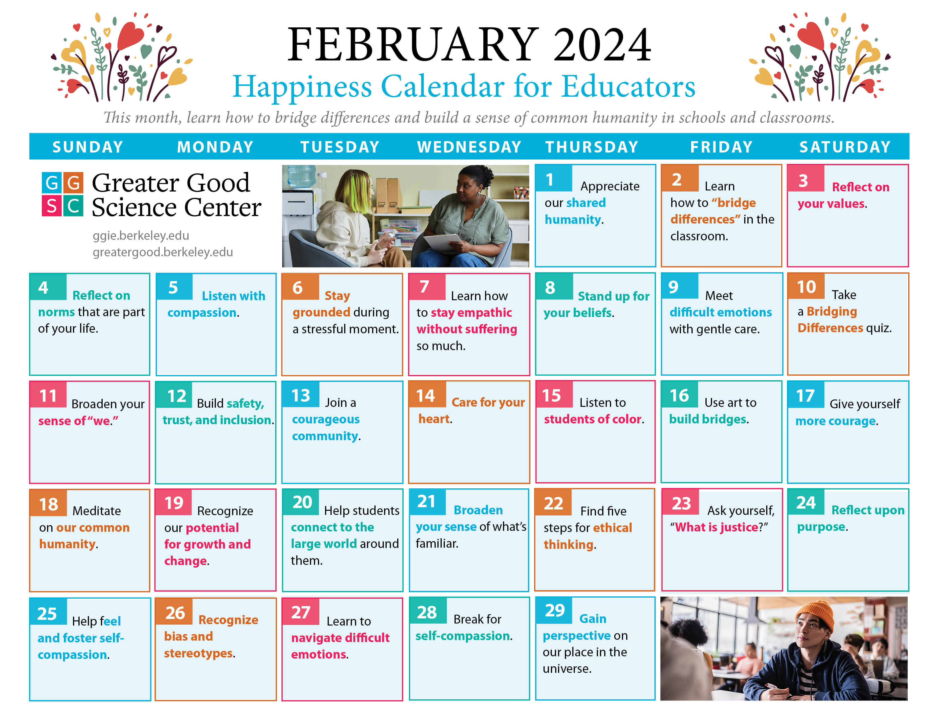 February 2024 happiness calendar for educators