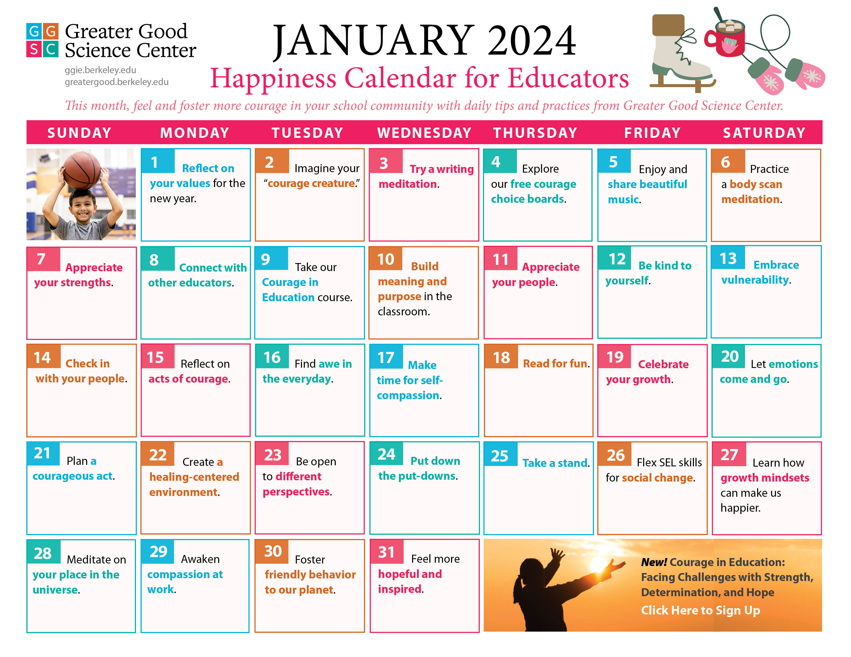 January 2024 happiness calendar for educators