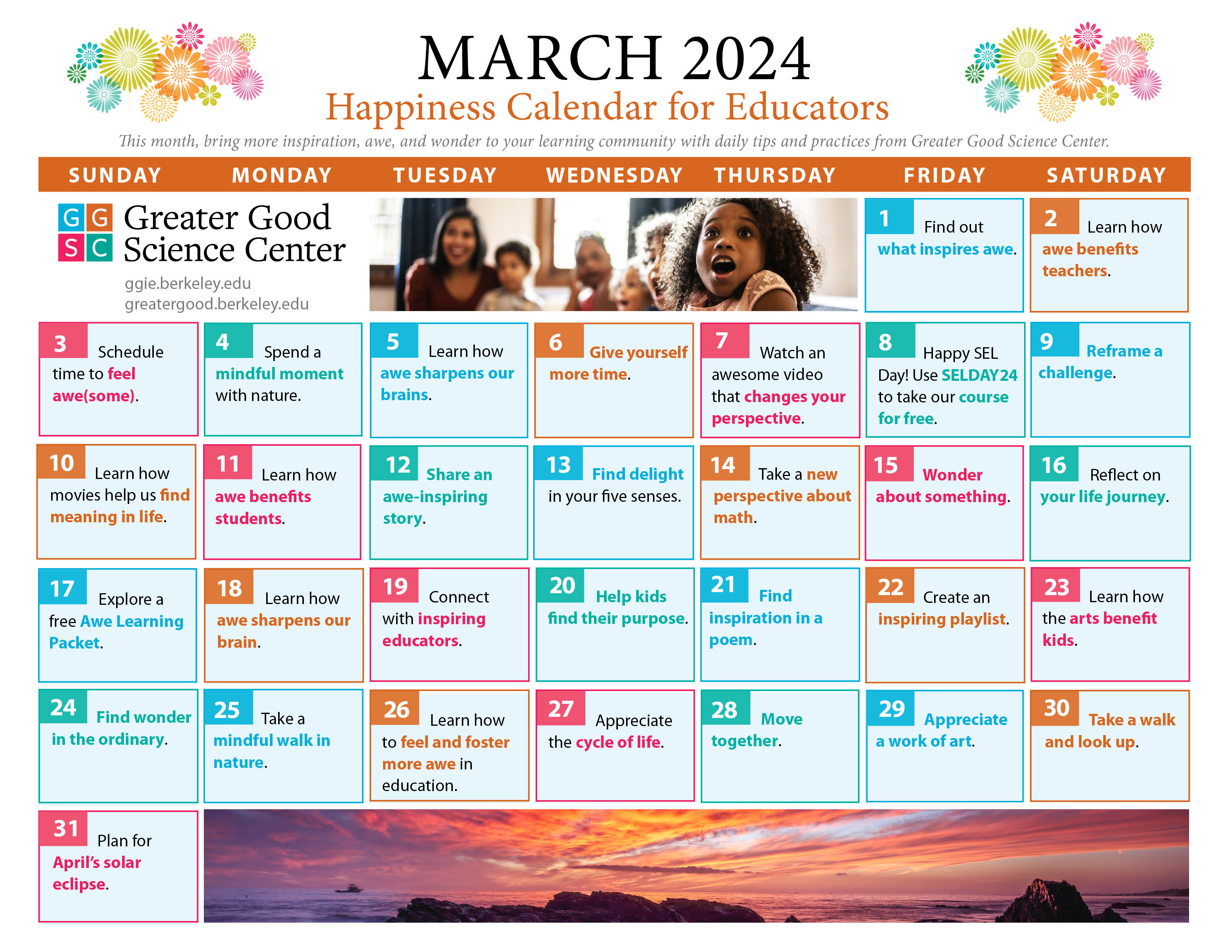 Happiness Calendar for Educators for March 2024