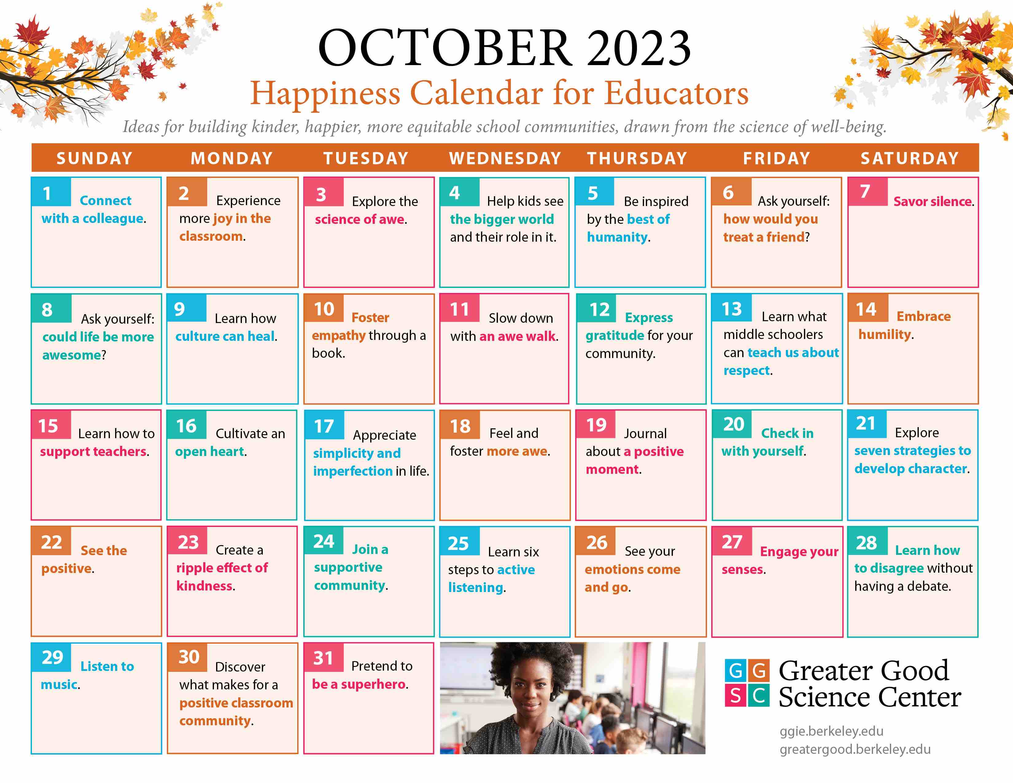 October 2023 happiness calendar for educators