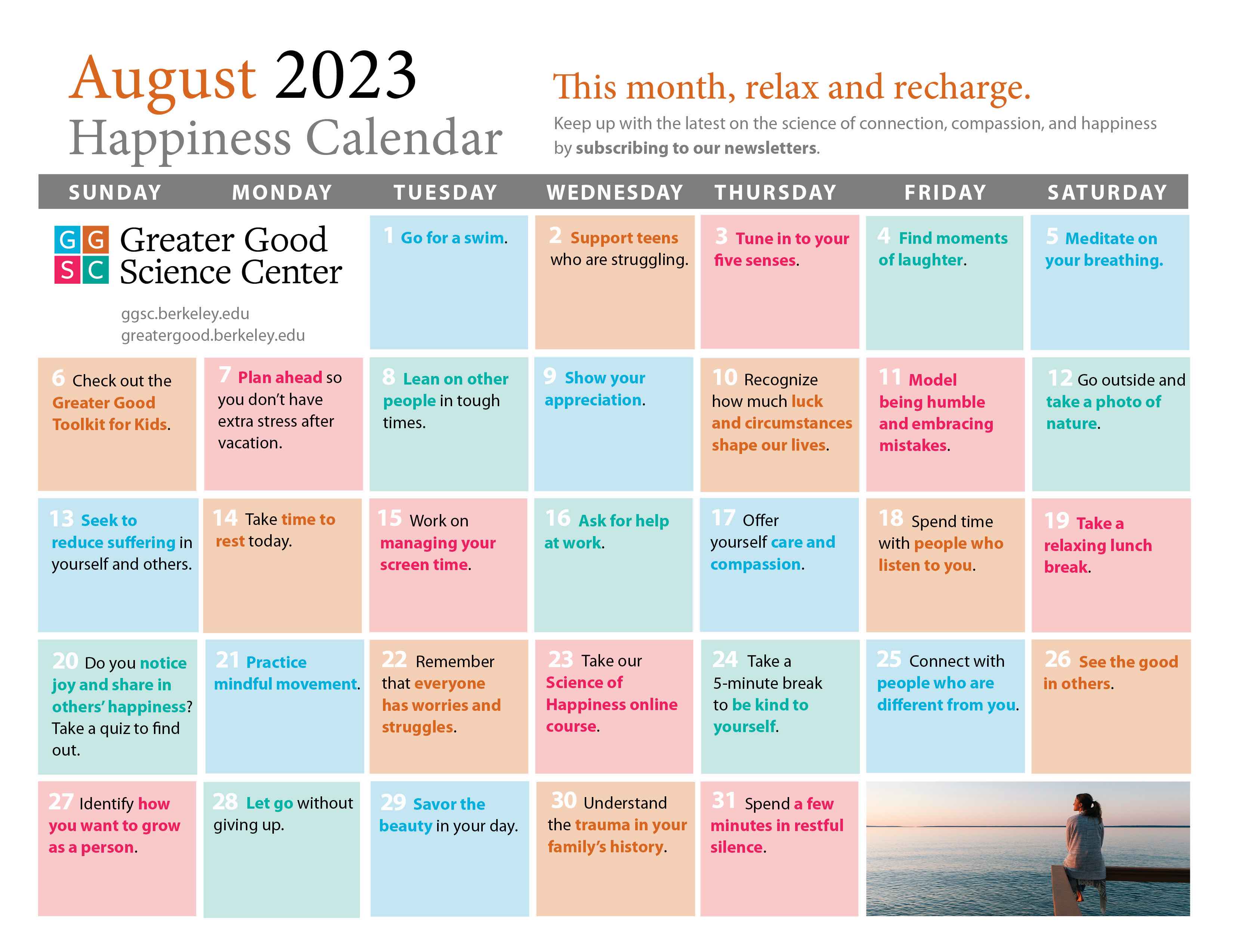 August 2023 happiness calendar