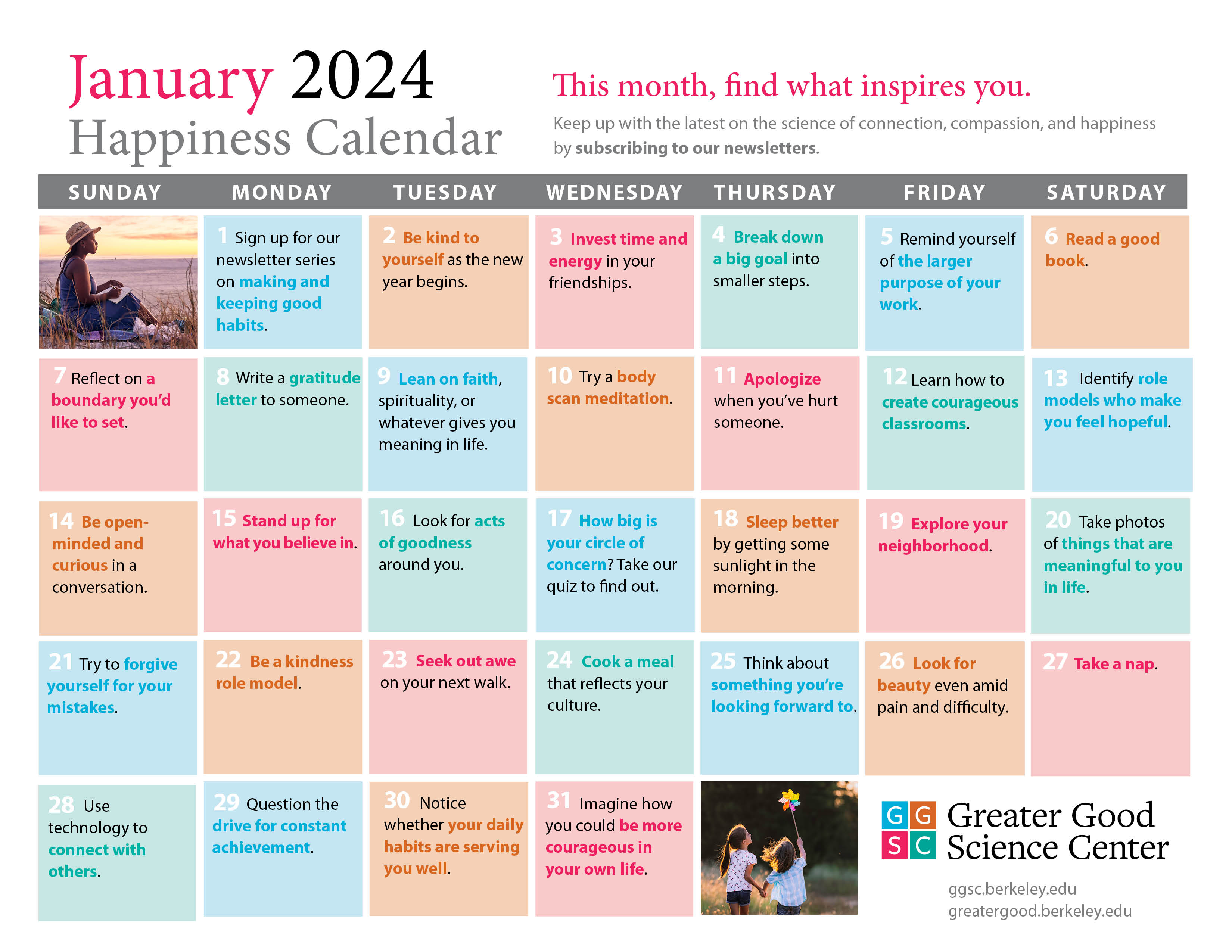 January 2024 happiness calendar