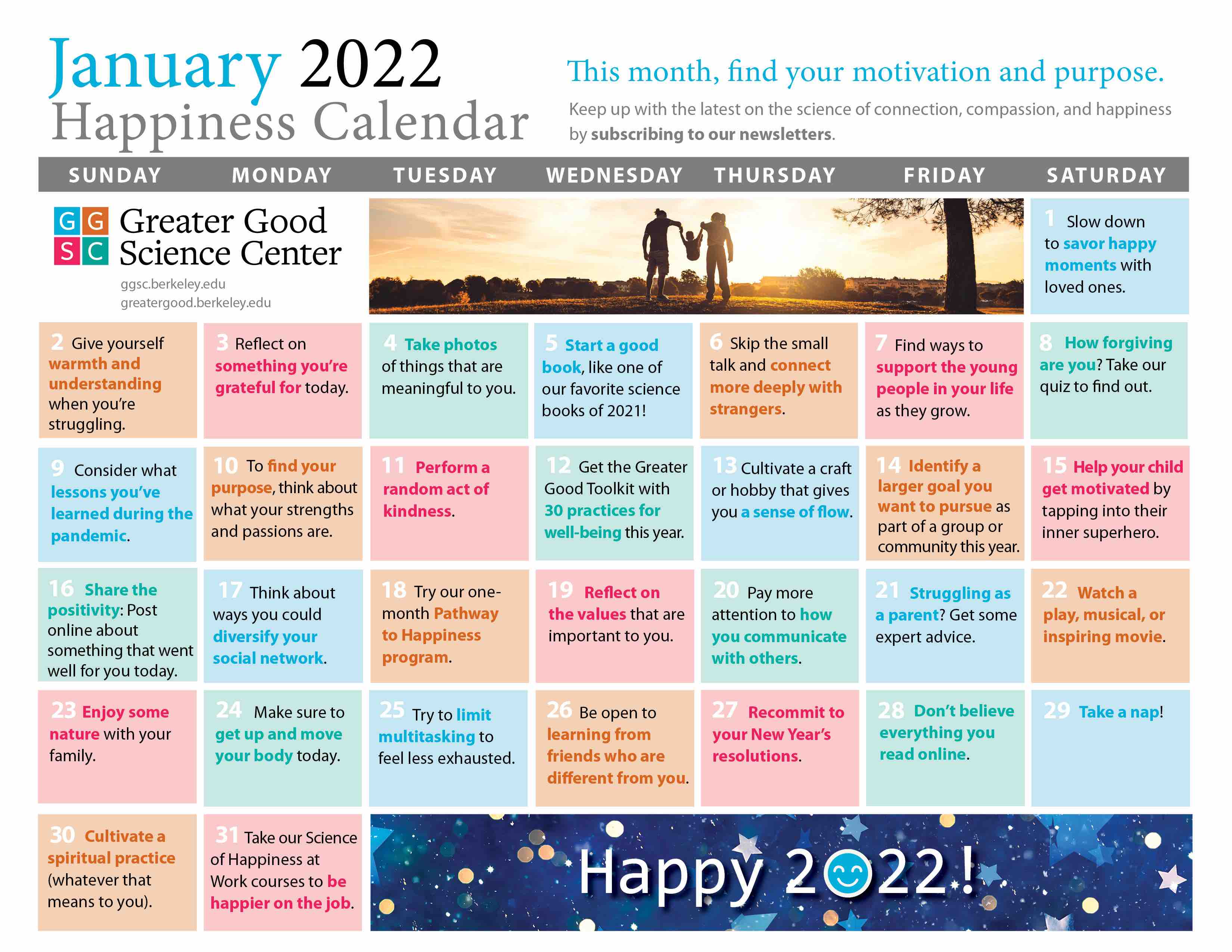 January 2022 happiness calendar
