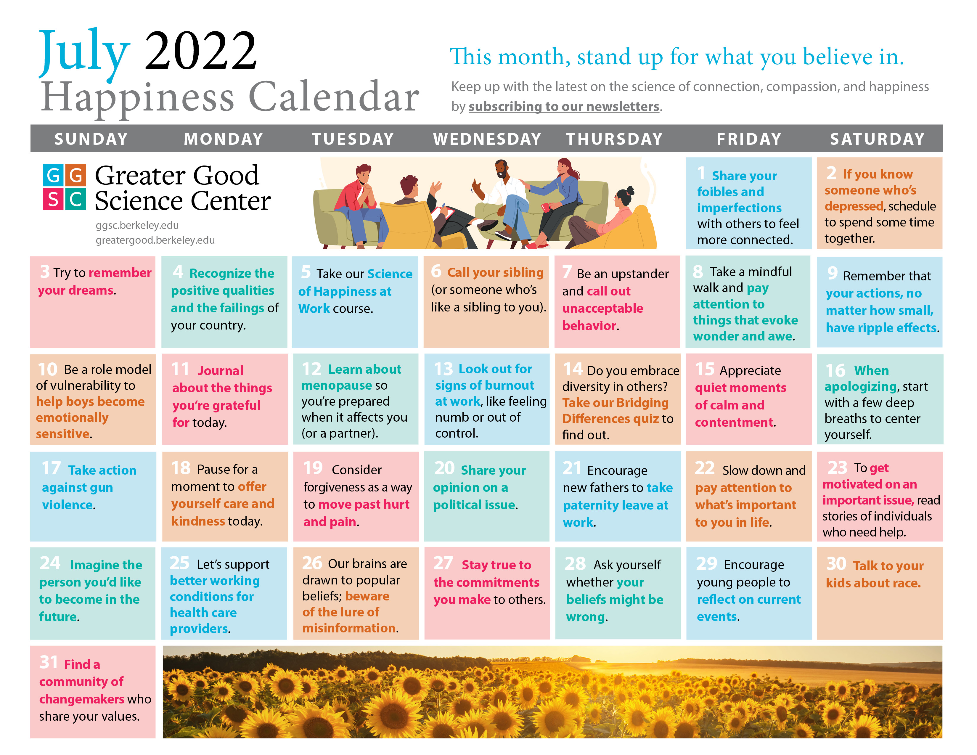 July 2022 happiness calendar