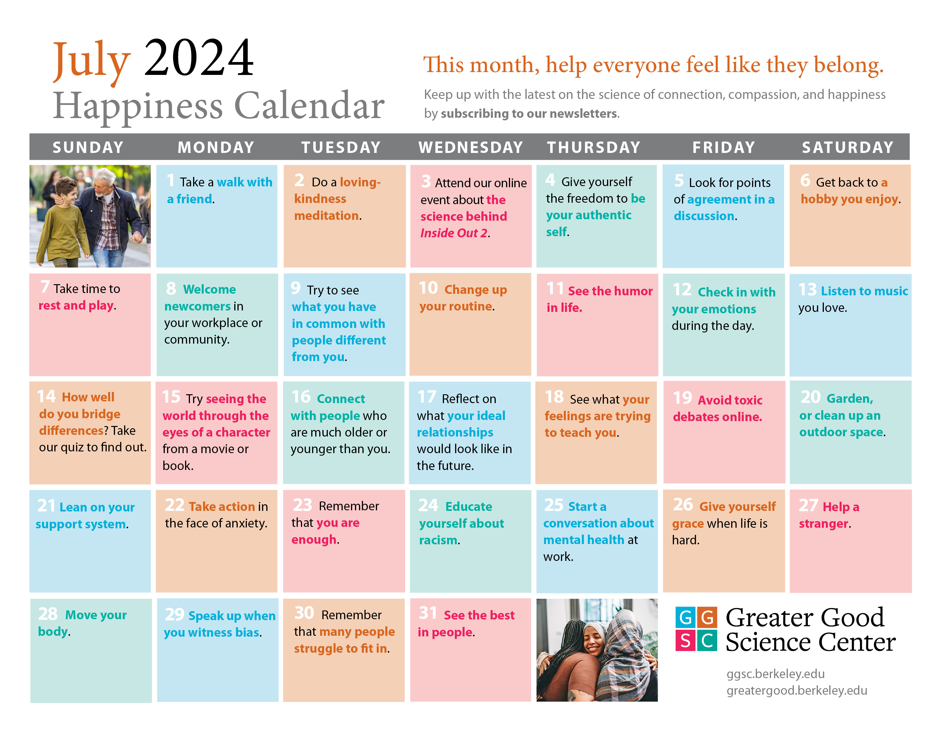 July 2024 happiness calendar