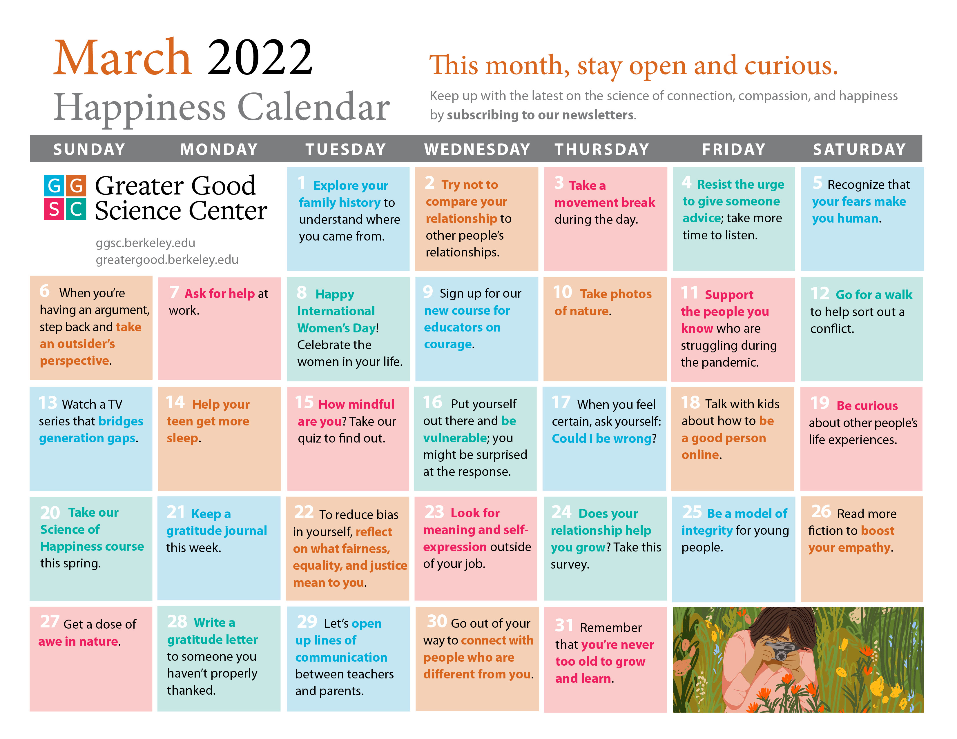 March 2022 happiness calendar