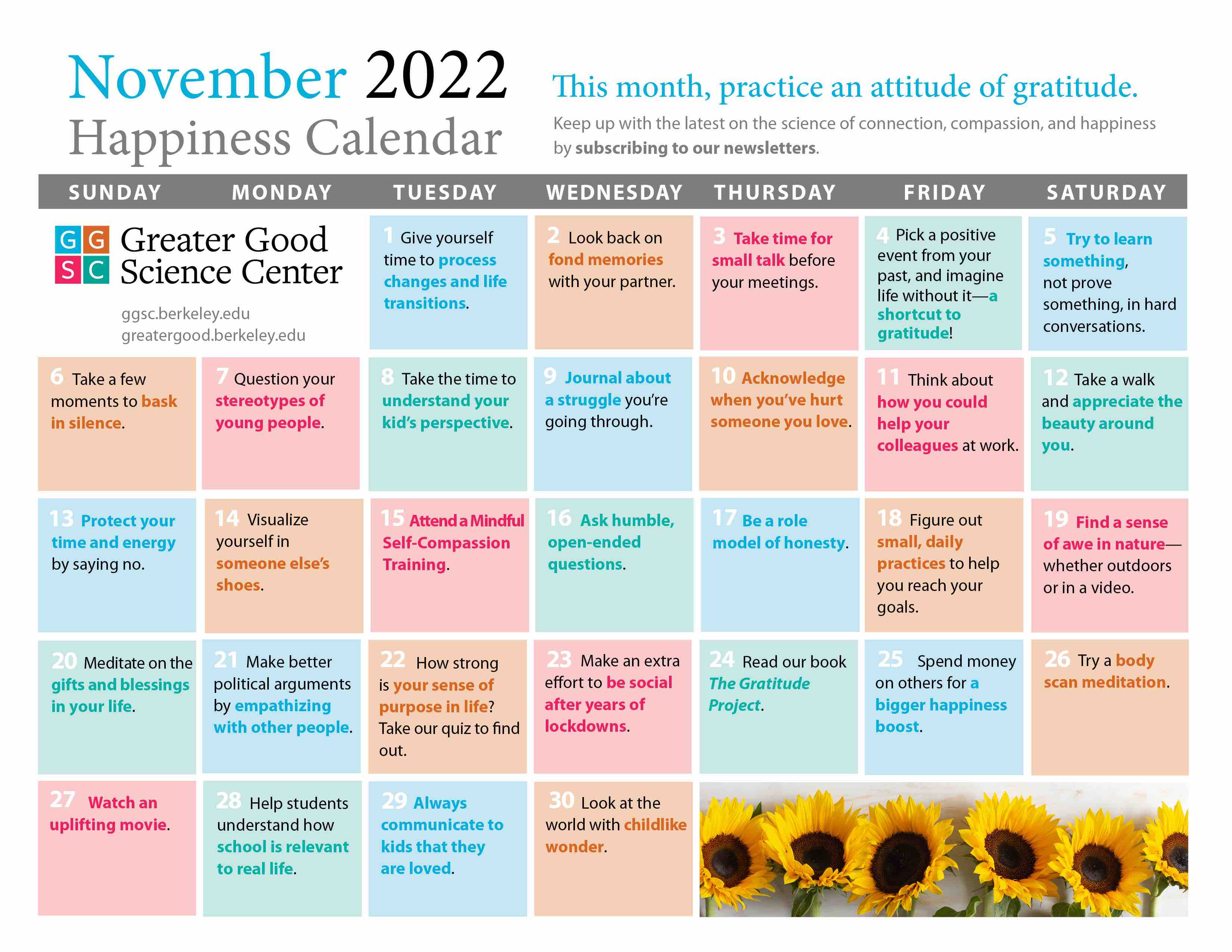 November 2022 happiness calendar