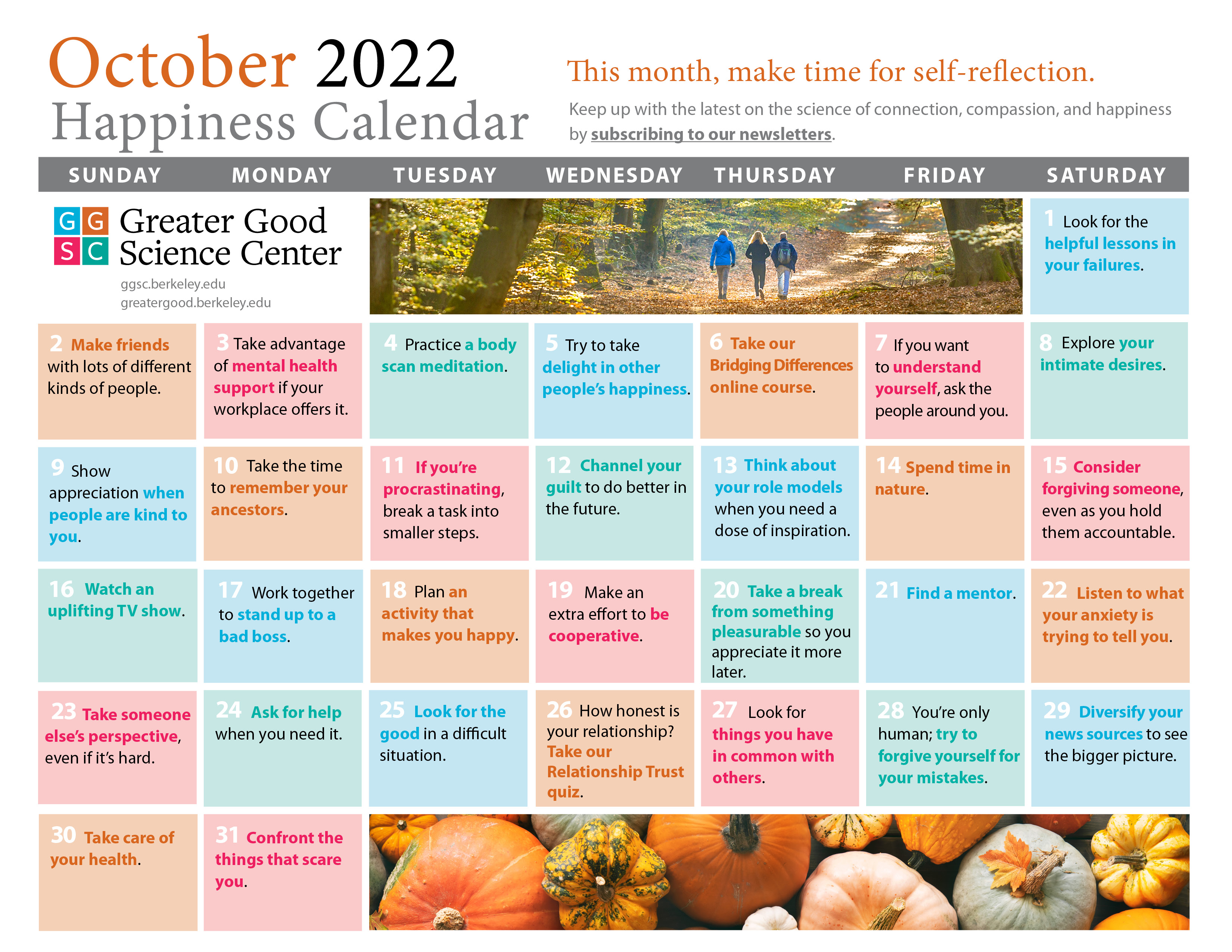 October 2022 happiness calendar