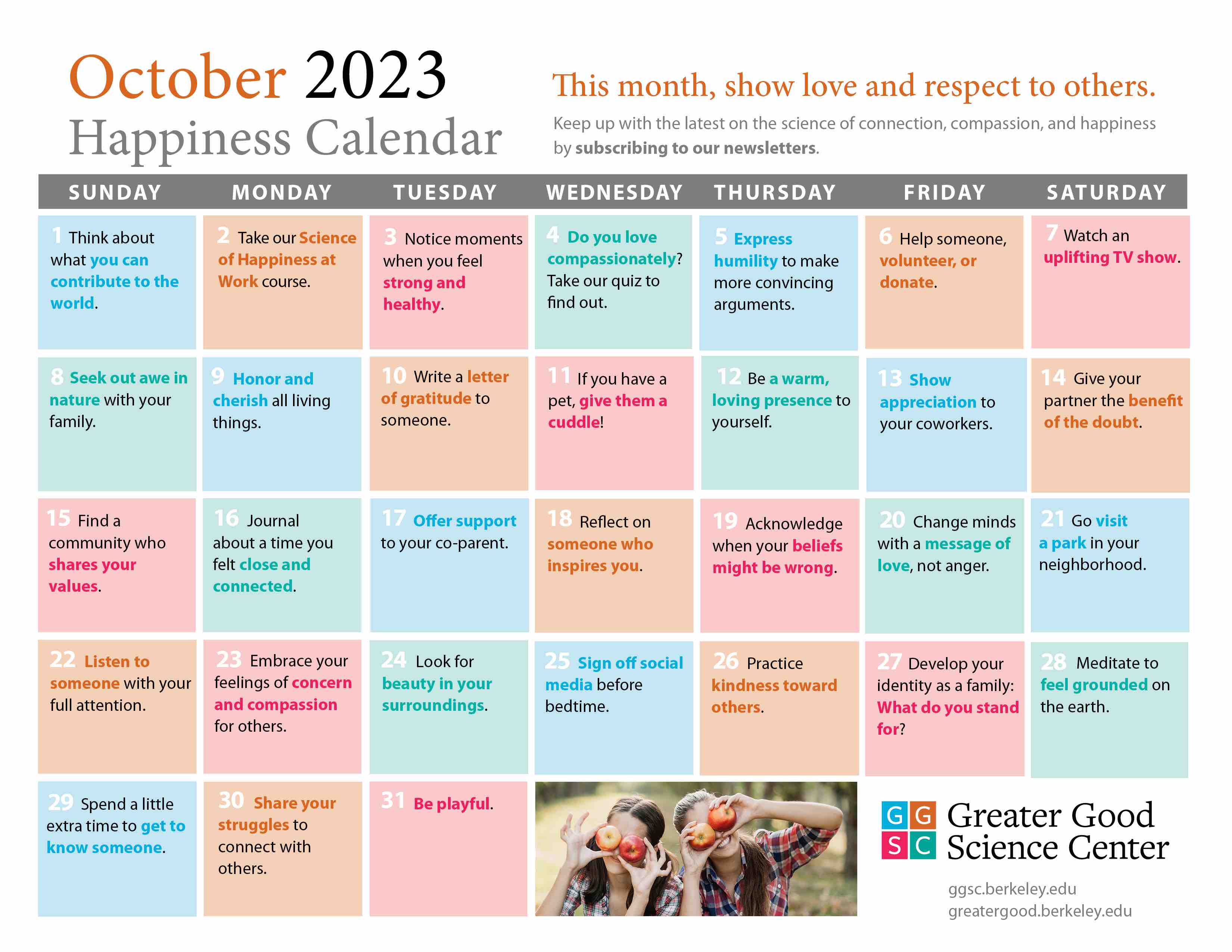 October 2023 happiness calendar
