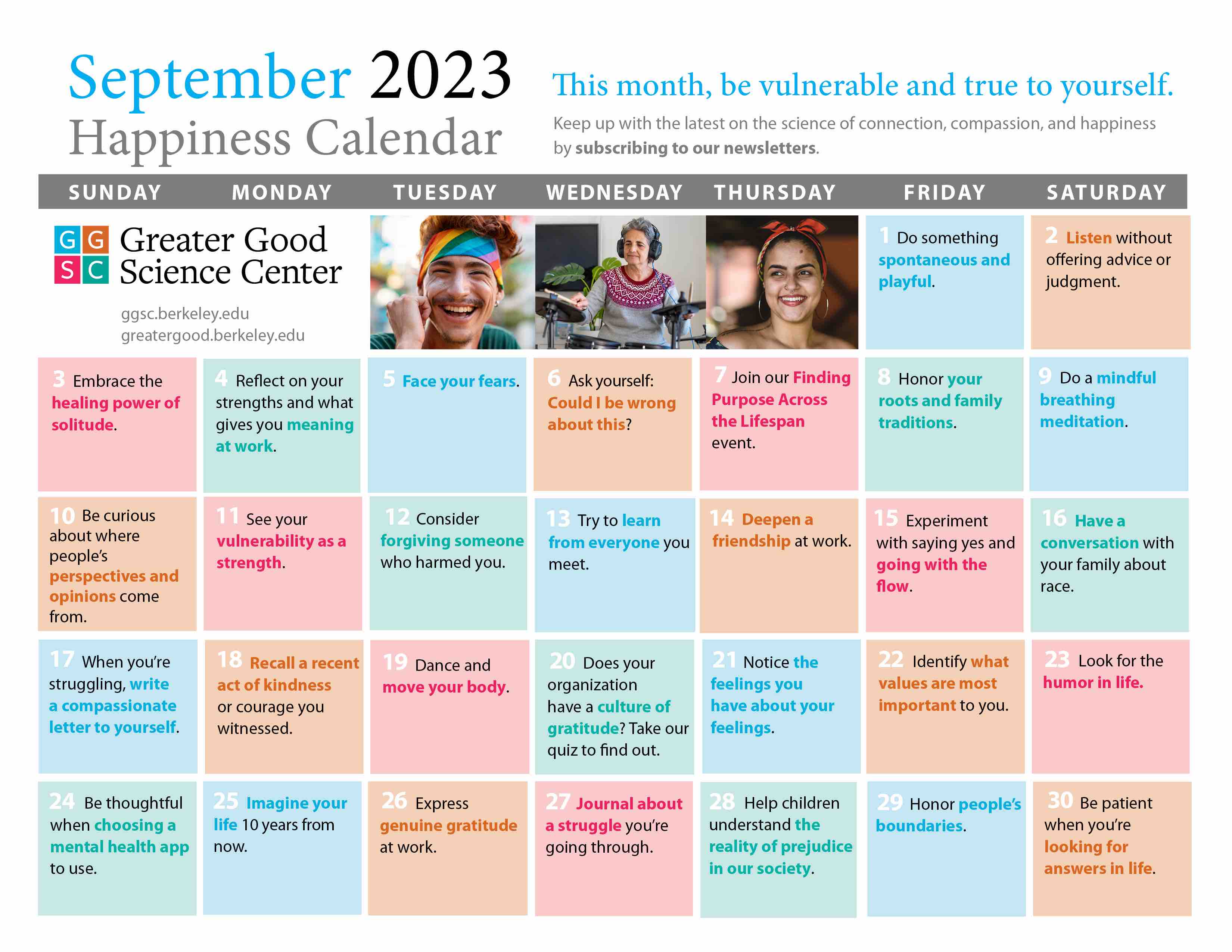 September 2023 happiness calendar