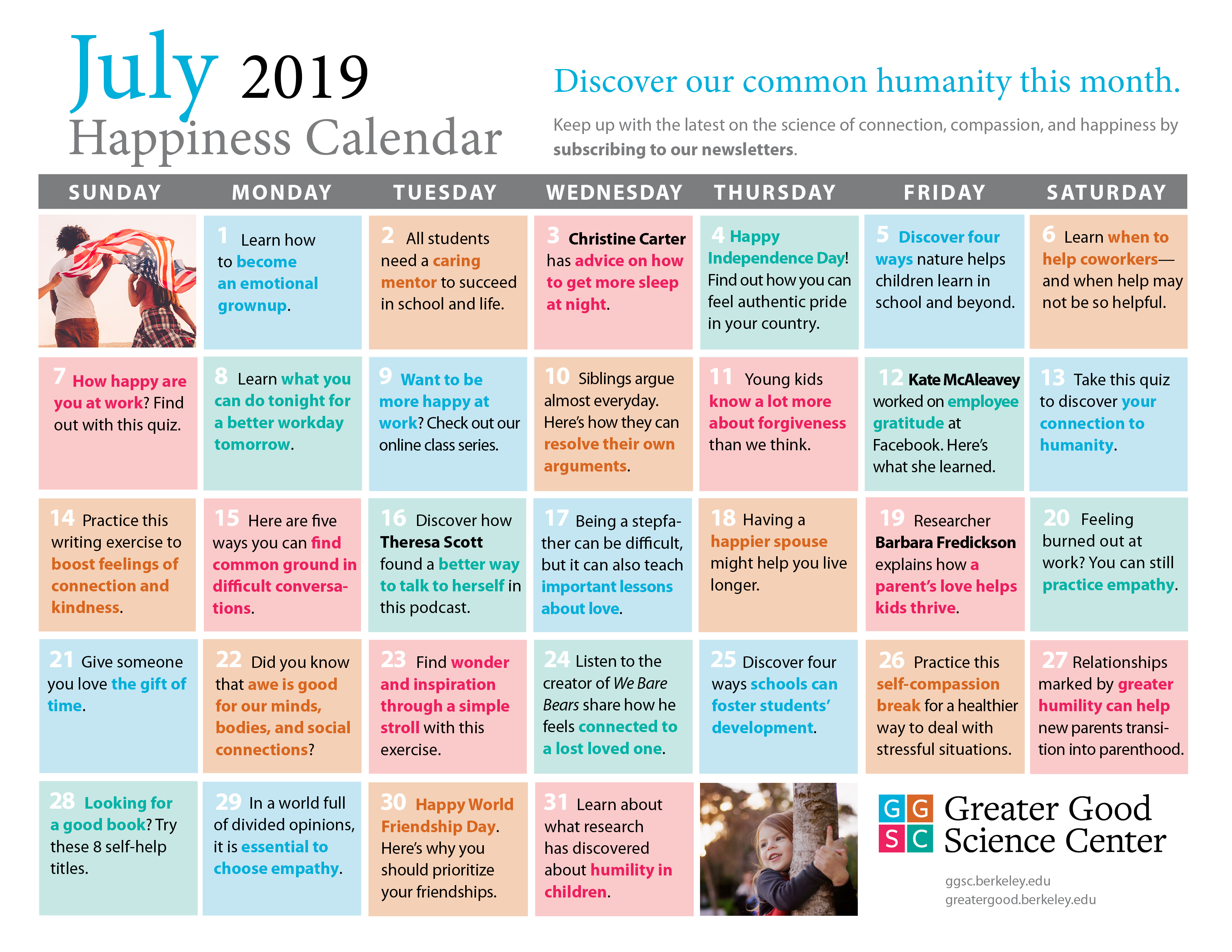 July 2019 Happiness Calendar