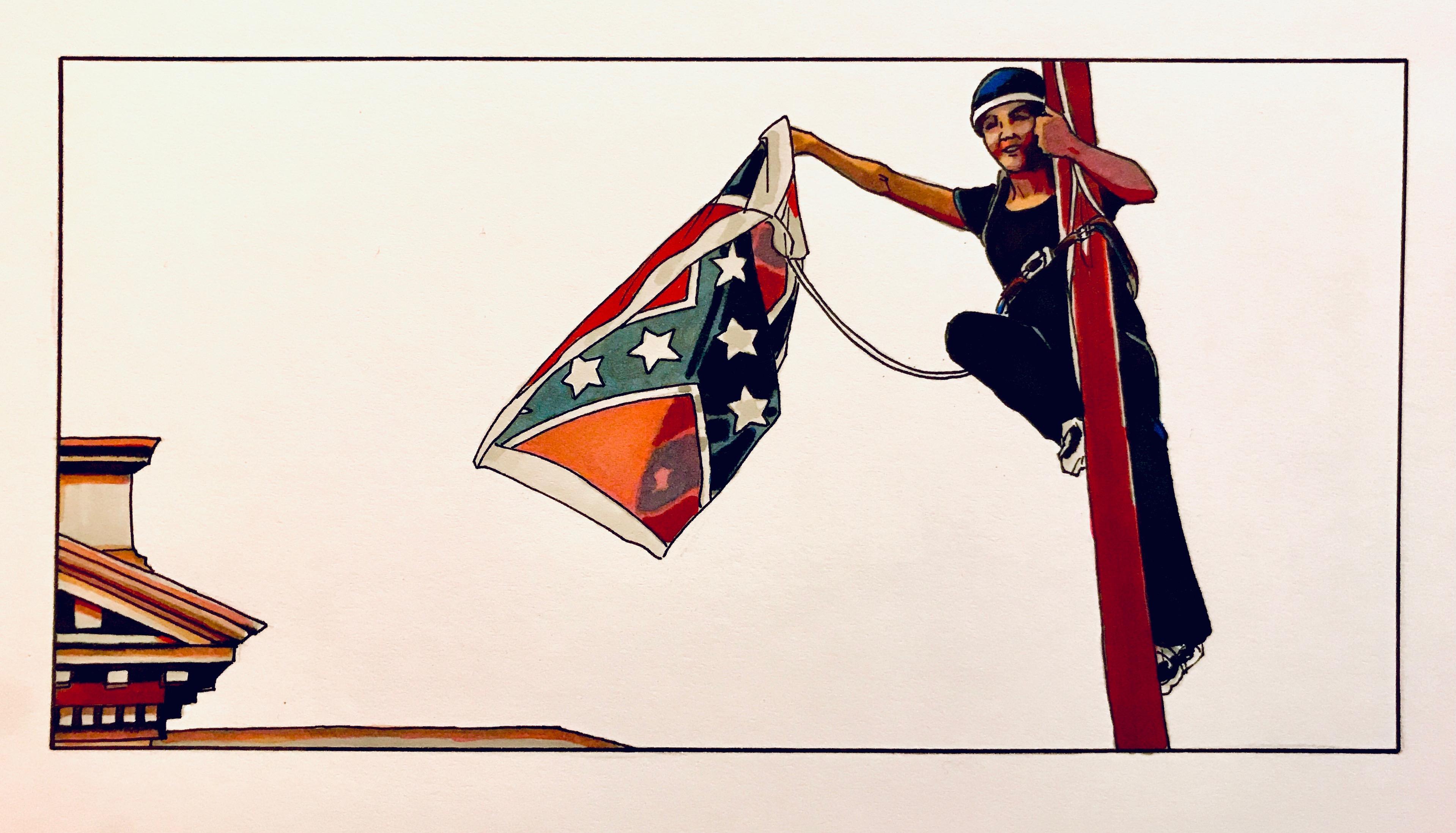 Illustration of Bree Newsome on the top of the flagpole