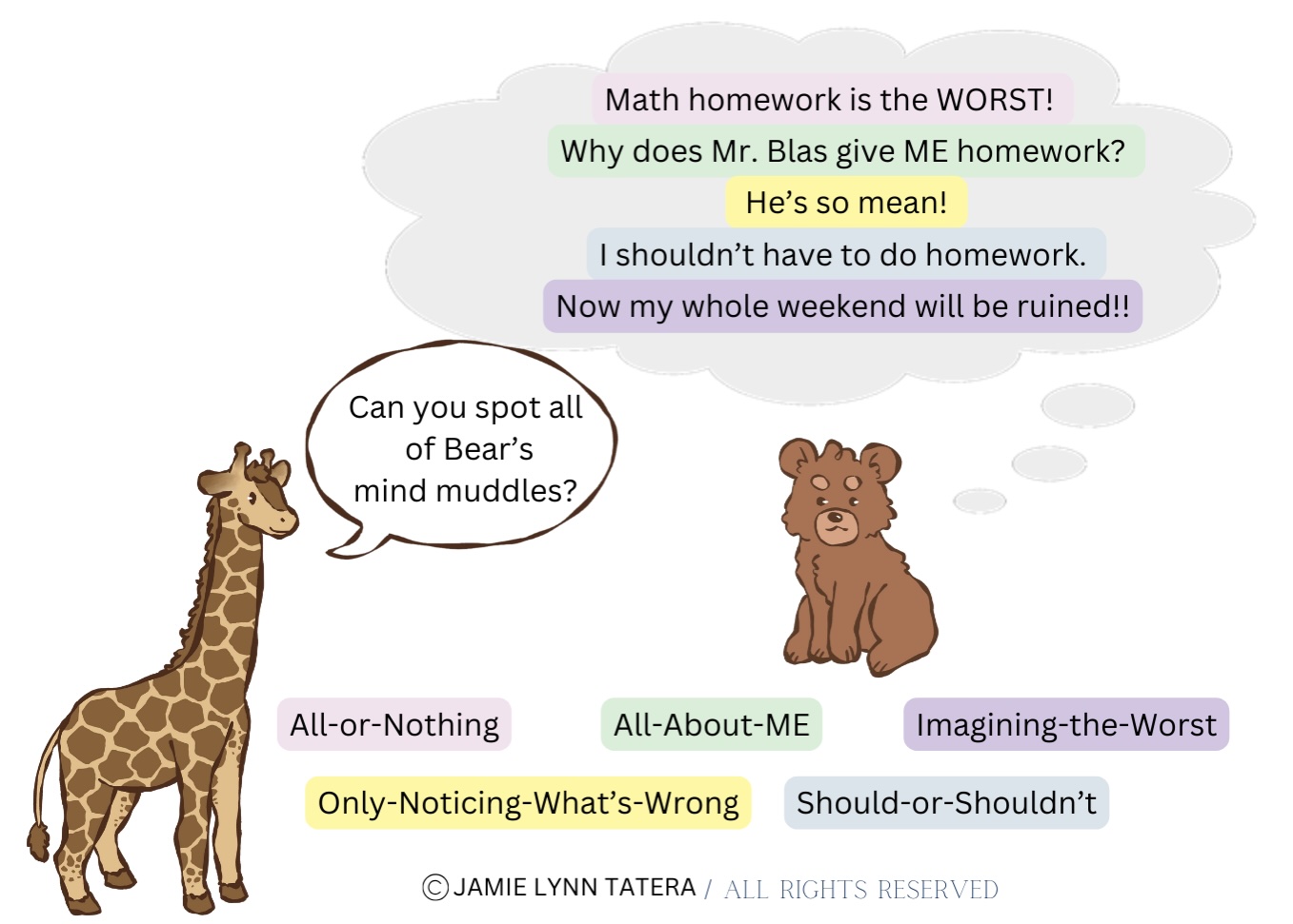 Illustration of Bear thinking 'Math homework is the WORST!' (all-or-nothing thinking), 'Why does Mr. Blas give ME homework?' (all-about-me thinking), 'He's so mean!' (only noticing what's wrong), 'I shouldn't have to do homework' (should or shouldn't thinking), and 'Now my whole weekend will be ruined!!' (imagining the worst). Spots the giraffe stands to the side.
