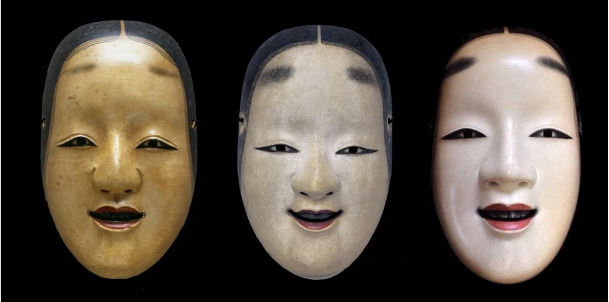 Onnamen are wooden masks of female faces, worn by men, which have been used since the 15th century in Japanese Noh theater. Credit: Japanese Clothing